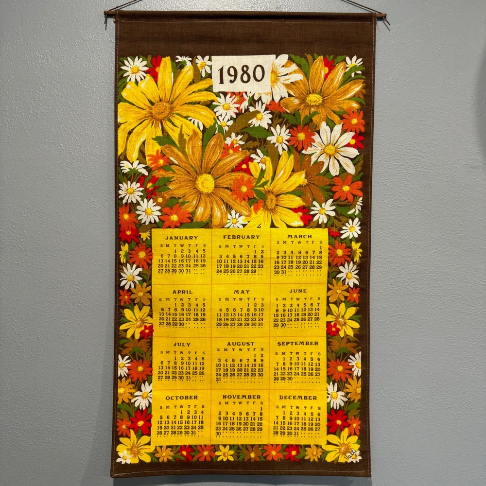 Vintage 1980 Linen Calendar Wall Hanging Towel Floral Daisy Valli Brown Yellow